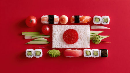 An artistic arrangement of sushi on a vibrant red background, showcasing fresh ingredients like salmon, vegetables, and rice in a culinary masterpiece.の素材