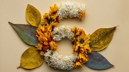 A beautiful composition featuring yellow and white flowers arranged to form the number six, set against a soft beige backdrop, ideal for seasonal decor.の素材