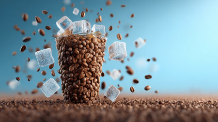 Discover a captivating beverage concept featuring a glass filled with coffee beans, refreshing ice cubes, and organic elements, perfect for summer enjoyment.の素材