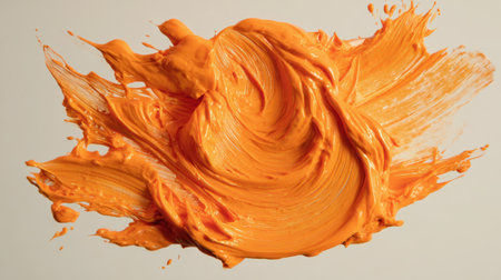A vibrant swirl of orange paint creates a dynamic texture against a light background, perfect for art projects and creative designs.の素材