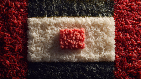 Vibrant and unique composition showcasing rice and seaweed arranged in an artistic pattern, emphasizing culinary creativity and color.の素材