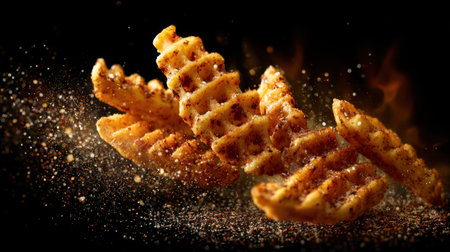 A captivating image showcasing crispy waffle fries coated in seasoning, set against a dark background, highlighting dynamic motion and delicious texture.の素材