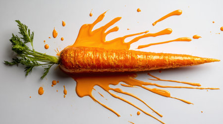 A vibrant carrot lies on a white background with a splash of orange juice, showcasing freshness and vitality for food-related projects.の素材