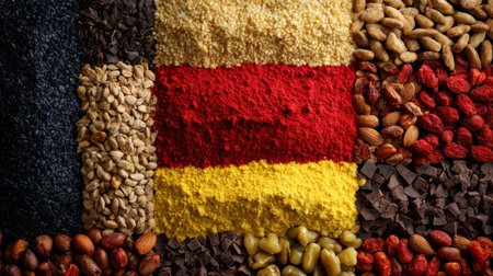 This striking image features a vibrant arrangement of spices, nuts, and grains, artfully designed to resemble the German flag, celebrating culinary culture.の素材
