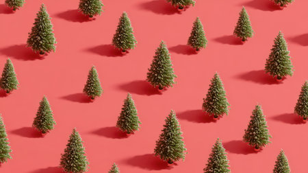 This vibrant image showcases numerous small Christmas trees set against a bright red background, creating a festive atmosphere perfect for holiday decor.の素材