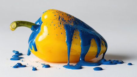 This striking image showcases a yellow bell pepper elegantly coated in vibrant blue paint, blending food and art in an eye-catching way.の素材