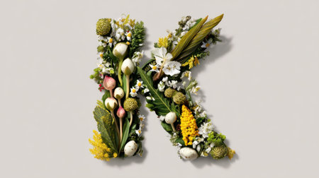 A visually stunning representation of the letter K, crafted from a delightful assortment of fresh flowers and green leaves, showcasing natural beauty.の素材