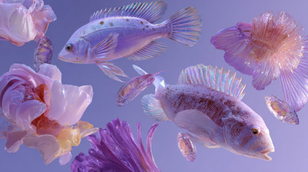 This stunning composition features colorful fish swimming among delicate flowers, capturing an ethereal and whimsical atmosphere in soft pastels.の素材