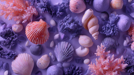 Explore a stunning arrangement of vibrant seashells and coral against a purple background, perfect for ocean-inspired decor or artistic projects.の素材