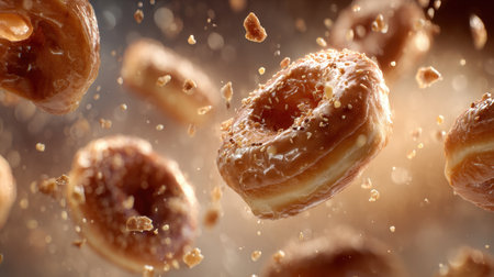 A visually captivating image of flying glazed donuts with sprinkles, set against a soft focus background that enhances their delicious appeal.の素材
