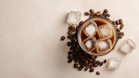 A delightful iced coffee presented in a glass with ice cubes, surrounded by coffee beans. Perfect for summer refreshment and beverage photography.の素材