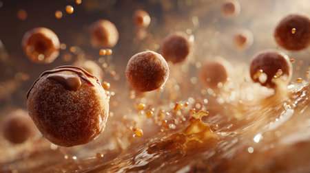 A dynamic composition of doughnut balls suspended in rich chocolate sauce, creating a mouthwatering scene of sweetness and indulgence.の素材