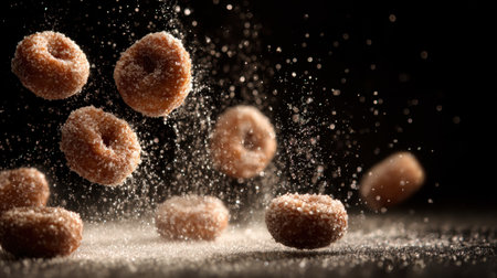 A stunning capture of sugarcoated donuts suspended in the air, dusted with sugar particles. The dark background adds depth, enhancing the treat appeal.の素材