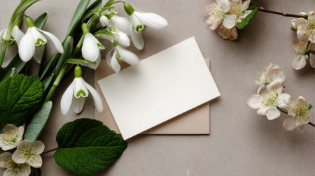 Delicate snowdrop flowers adorn a soft fabric background alongside a blank card, perfect for spring greetings or elegant invitations, evoking freshness and beauty.の素材