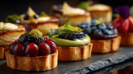 Beautifully arranged gourmet tarts featuring fresh berries and creamy textures, perfect for enhancing culinary presentations or dessert menus.の素材