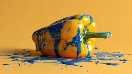 This striking image features a vibrant yellow bell pepper drizzled in blue paint, set against a bright orange backdrop. The creative contrast highlights texture and color play in an artistic food composition.の素材