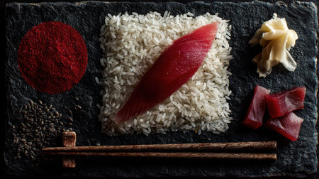This captivating image showcases the art of sushi preparation featuring fresh tuna over rice with spices and chopsticks, perfect for culinary themes.の素材
