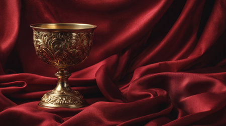 An exquisite golden goblet rests gracefully on lush red satin fabric, emphasizing its ornate design and luxurious feel, perfect for elegant dining setups.の素材