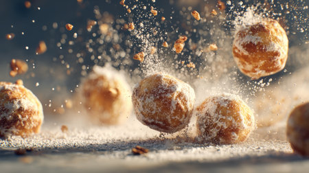 This dynamic image showcases doughnuts in motion, speckled with powdered sugar and crumbs, evoking a sense of joy and indulgence in dessert.の素材