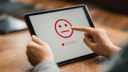 A person engages with a tablet, selecting a neutral feedback icon in a modern workspace. The image captures technology and user interaction concepts.の素材