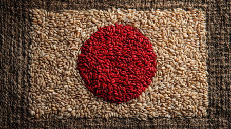 This artistic representation of the Japanese flag uses rice grains as a medium, showcasing vibrant colors and textures against a rustic backdrop.の素材