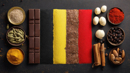 Vibrant and artistic display of spices and chocolate arranged to represent the colors of the Belgium flag, perfect for culinary inspiration.の素材