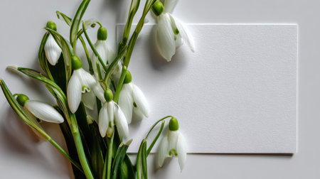 A charming arrangement of fresh snowdrop flowers with a blank card, perfect for spring-themed projects, elegant designs, and serene compositions.の素材
