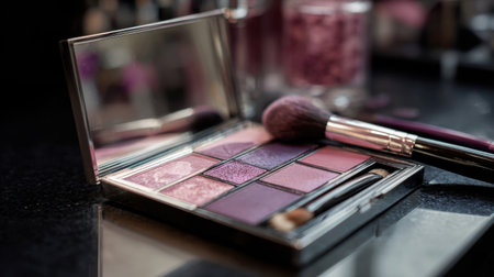 A close-up image of a vibrant makeup palette featuring rich purple shades, perfect for beauty enthusiasts and makeup artists. The elegant setup highlights brushes and accessories against a glossy surface, creating an eye-catching arrangement.の素材