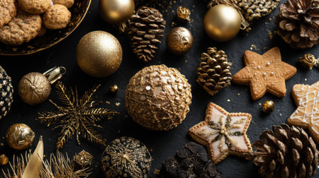 A stunning arrangement of golden Christmas decorations and cookies, featuring pine cones, ornaments, and festive stars, perfect for winter celebrations.の素材