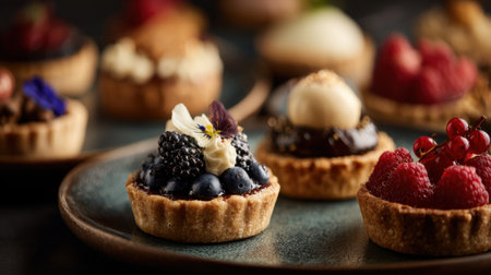 Delight in a stunning arrangement of mini desserts, showcasing fresh fruits and rich chocolate, perfect for any gourmet occasion or celebration.の素材