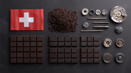 Explore a unique composition featuring the Swiss flag, dark chocolate bars, coffee beans, and mechanical gears against a dark backdrop.の素材