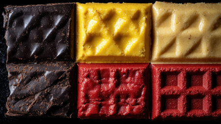 A visually appealing close-up of chocolate bars in dark, yellow, and red hues. Perfect for food enthusiasts, this image captures the unique textures and vibrant colors of various chocolates, ideal for marketing desserts or culinary delights.の素材