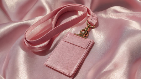 This elegant pink lanyard featuring a leather ID holder rests on smooth satin fabric, perfect for stylish office accessories and personal use.の素材