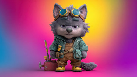 A charming cartoon wolf character donning goggles and a tool belt, set against a striking gradient backdrop, perfect for imaginative storytelling.の素材