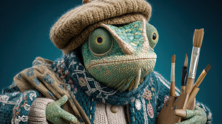A charming chameleon artist showcases a creative spirit while holding paintbrushes and a palette. Dressed in cozy attire, this whimsical character embodies artistic flair and playful imagination.の素材