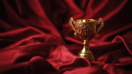 A stunning golden trophy rests gracefully on rich red silk fabric, symbolizing victory and achievement in an elegant display.の素材