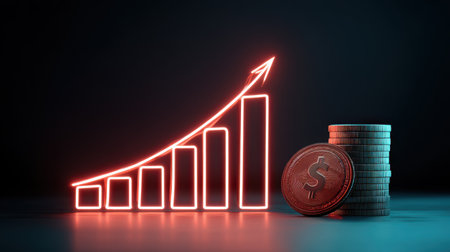A striking neon graph depicts a rising trend, complemented by a stack of coins, symbolizing financial growth and investment opportunities.の素材