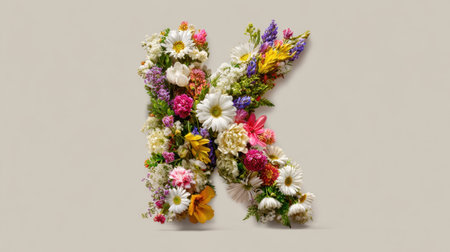 A captivating floral arrangement forming the letter K, featuring an array of colorful blooms against a soft background, perfect for design projects.の素材