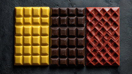 This stock photo showcases an assortment of colorful chocolate bars in unique shapes arranged on a dark surface, highlighting luxurious flavors and textures.の素材