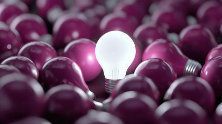 This striking image features a unique light bulb glowing brightly amidst a sea of pink bulbs, symbolizing innovation and creativity in a modern context.の素材