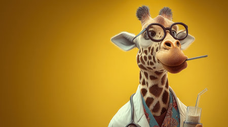 A whimsical cartoon giraffe dressed as a doctor wearing glasses, holding a drink with a straw against a vibrant yellow background. Perfect for fun medical themes.の素材