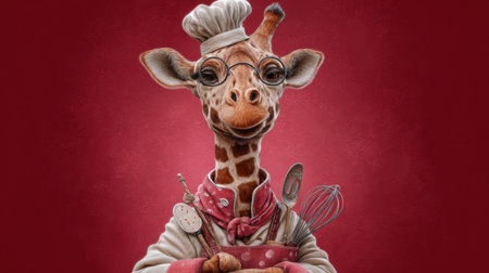 This charming illustration features a whimsical giraffe chef with a chef hat, playful expression, and various cooking utensils, perfect for food-themed projects.の素材