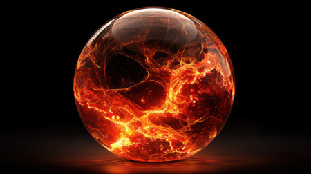 This striking image showcases a glowing orb filled with fiery energy, featuring swirling patterns of light and color against a dark backdrop.の素材