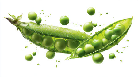 This image features fresh green peas in a pod with water droplets against a clean white background, highlighting their vibrant color and freshness. Perfect for nutrition or healthy eating themes.の素材