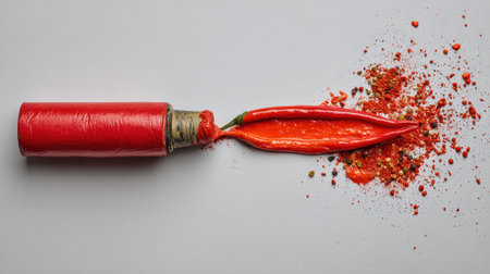 A striking image of a red chili pepper split open, revealing a colorful array of spices spilling out, perfect for food styling or cookery themes.の素材