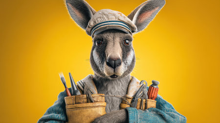 A charming kangaroo dressed as a mechanic stands confidently, holding tools amidst a vibrant yellow backdrop. Perfect for playful, creative projects.の素材