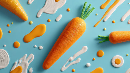 Bright and playful image of carrots and colorful paint splashes on a blue background. Ideal for food-related creative projects and designs.の素材