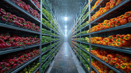 This image showcases a colorful aisle of bell peppers in a refrigerated storage space. The vibrant hues of red, green, and orange create an inviting display, highlighting the importance of freshness and quality in food supply chains.の素材