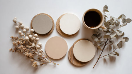 A serene composition featuring neutral coasters, a coffee cup, and delicate dried flowers on a minimalist white surface, exuding warmth and calm.の素材