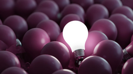 A striking image showcasing a single bright light bulb shining amidst an array of pink light bulbs, symbolizing creativity and innovation in a vibrant setting.の素材